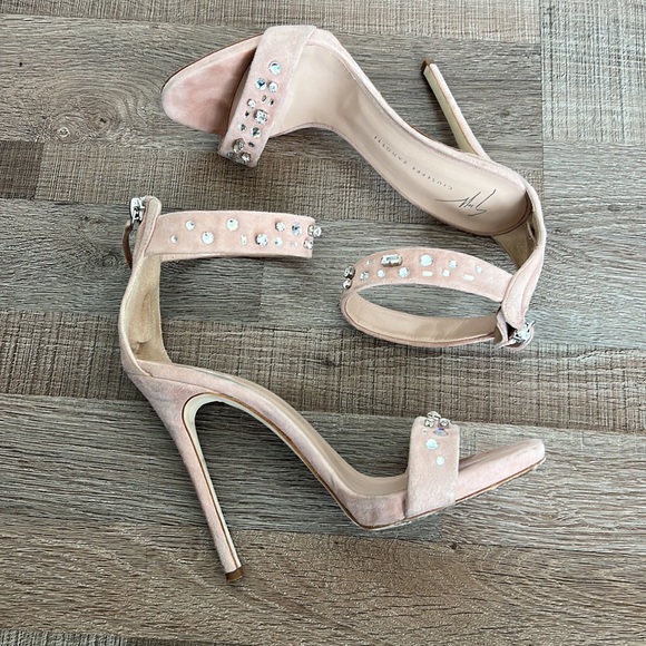 GIUSEPPE ZANOTTI Blush Pink Suede Crystal Embellish Sandal Heel - Picture 7 of 12